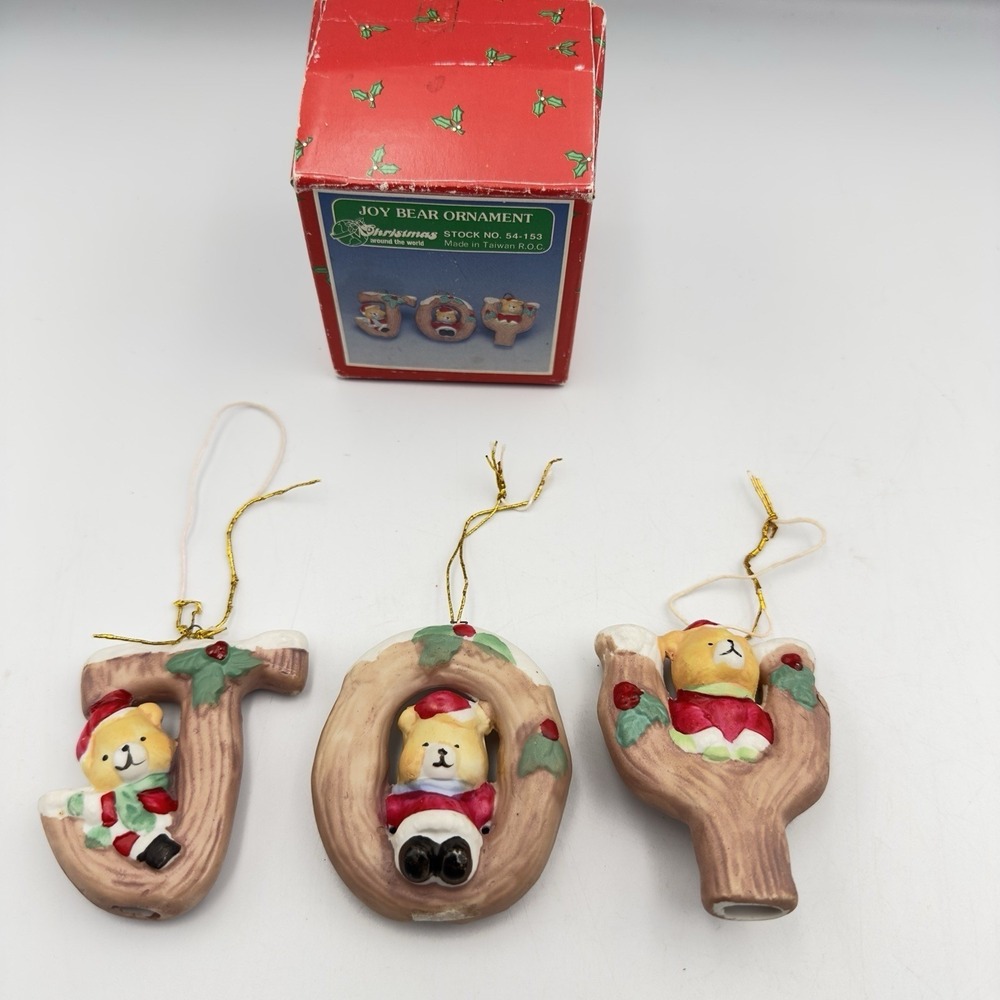 Vtg JOY Bear Christmas Around‎ The World Holiday Set Of 3 Ornaments Box 54-153